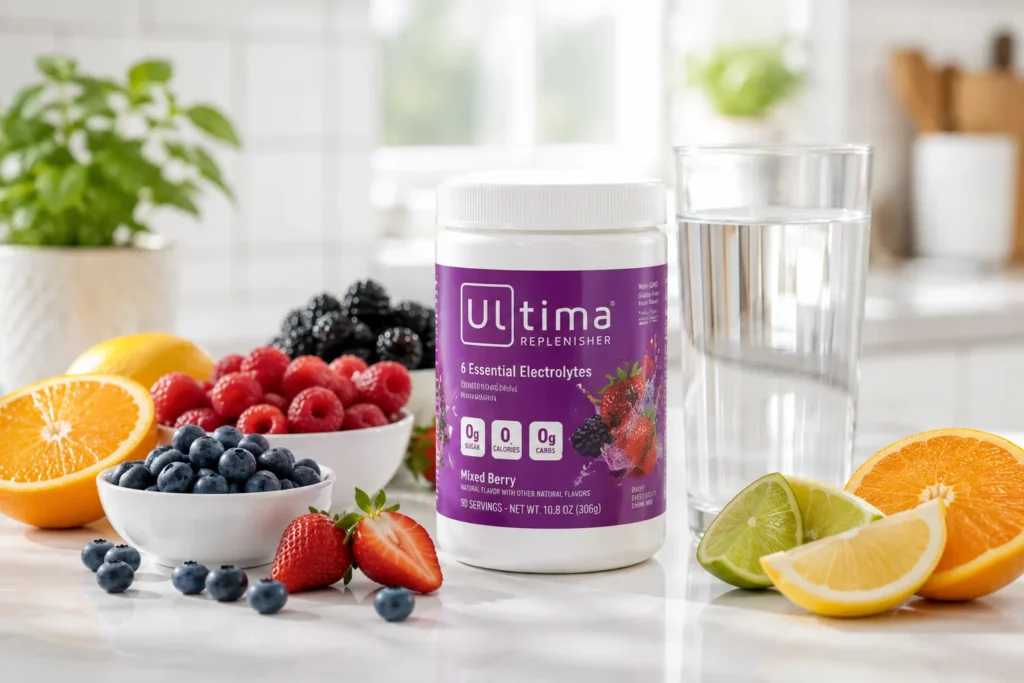 Ultima Replenisher sugar-free electrolyte powder with fruit-infused hydration setup.