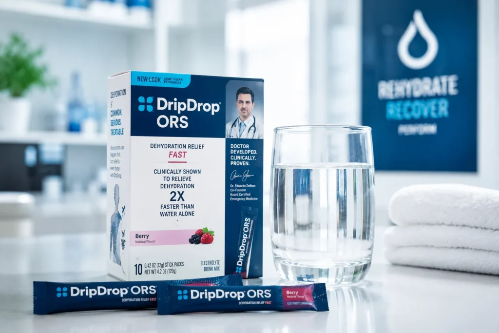 DripDrop ORS electrolyte drink mix for dehydration and illness recovery.