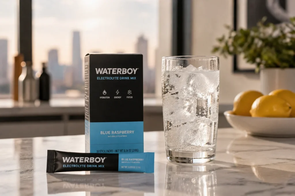 Waterboy electrolyte drink mix designed for hangover recovery and rehydration.
