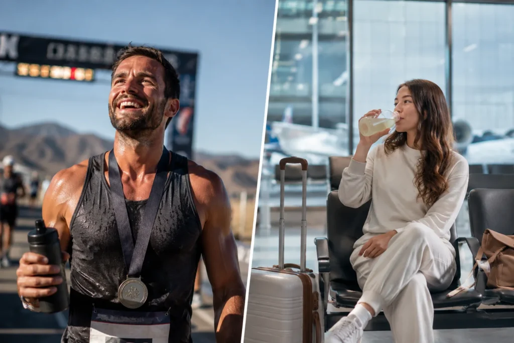 Endurance athlete and frequent traveler representing the ideal users of LMNT and Liquid IV hydration products.