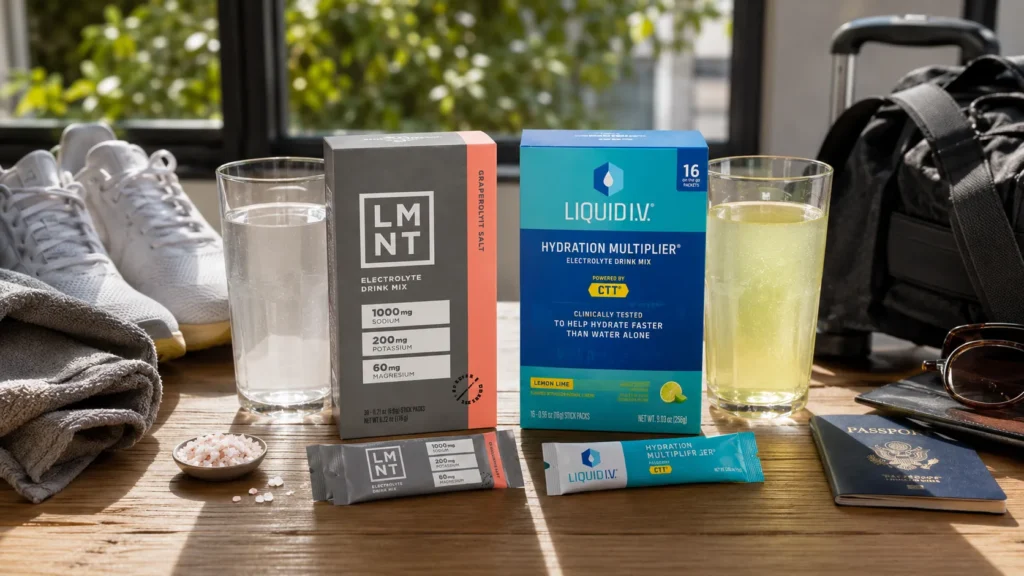 LMNT and Liquid IV electrolyte drinks displayed with fitness and travel accessories to illustrate different hydration needs.