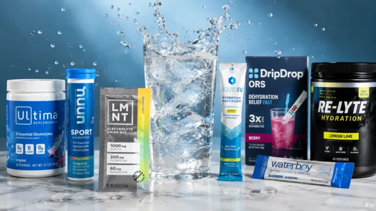 Top electrolyte drink brands including LMNT, Liquid IV, Ultima, Nuun Sport, DripDrop, Re-Lyte, Pedialyte Sport, and Waterboy arranged for comparison.