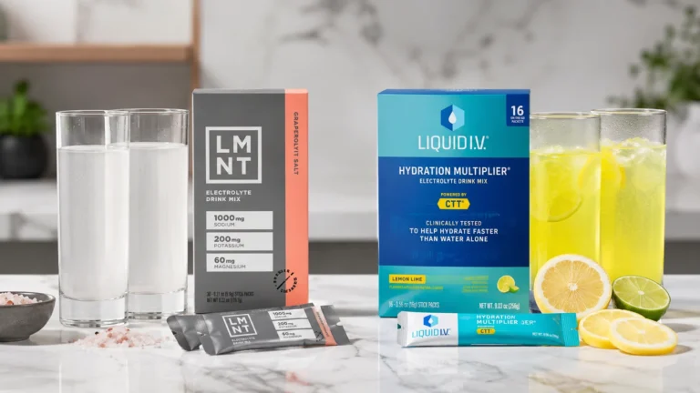 LMNT vs Liquid IV electrolyte drink packets and mixed hydration drinks side by side for product comparison.