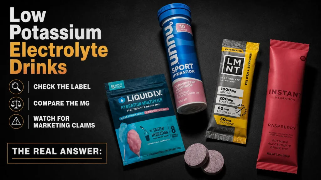 Low potassium electrolyte drinks including Nuun Sport LMNT Liquid IV and Instant Hydration